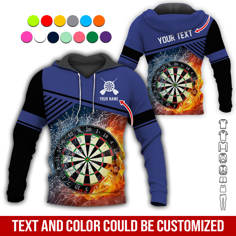 Customized Name & Text Darts Premium Hoodie, Water and Fire Dartboards Pattern Hoodie For Men & Women, Perfect Gift For Darts Lovers, Friend, Family