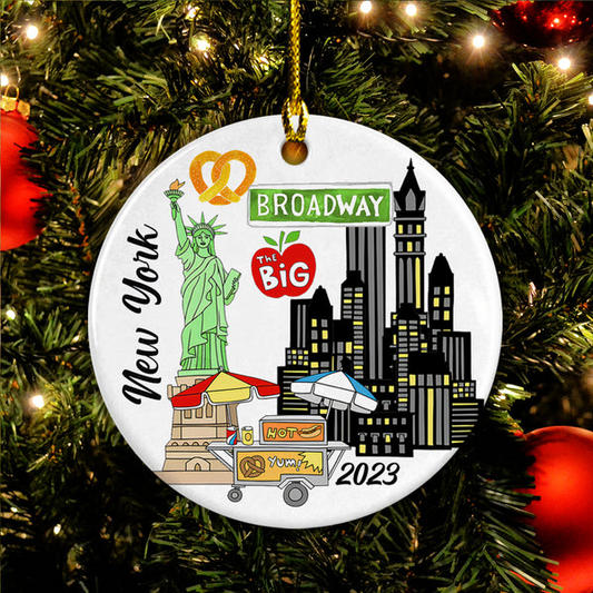 New York Ceramic Christmas Ornament - New York 2023 Memorable Places Circle Ceramic Ornament, Perfect Gift For Christmas, Holiday Decor