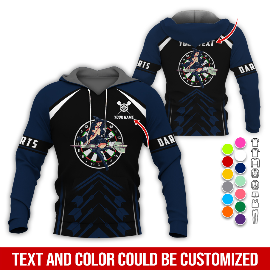 Personalized Name & Text Darts Premium Hoodie, Witch Riding Broom & Darts Hoodie, Perfect Gift For Darts Lovers, Friend, Family