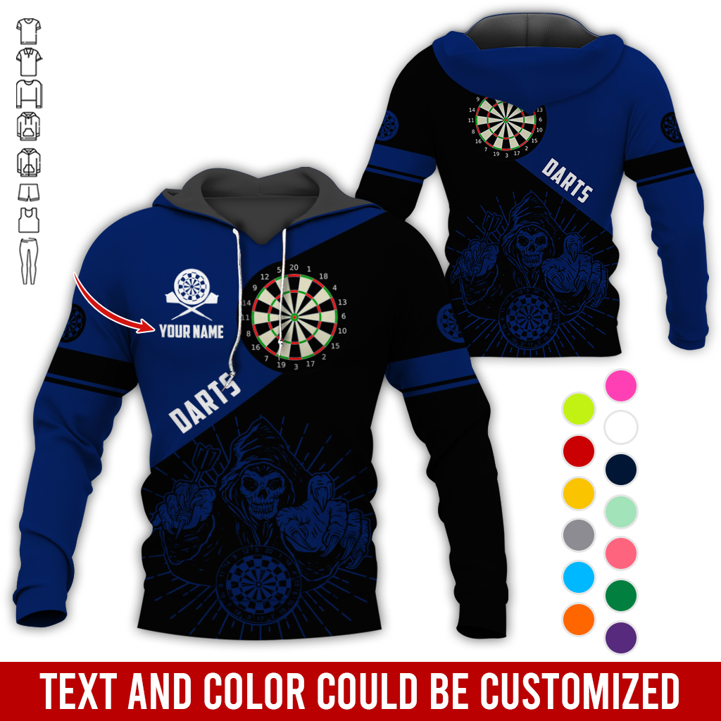 Customized Name Darts Skull Premium Hoodie, Skeleton Playing Darts Pattern Hoodie, Perfect Gift For Darts Lovers, Friend, Family