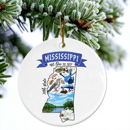 Mississippi Ceramic Christmas Ornament - Artistic Mississippi State Landmarks Circle Ceramic Ornament, Gift For Christmas, Holiday Decor