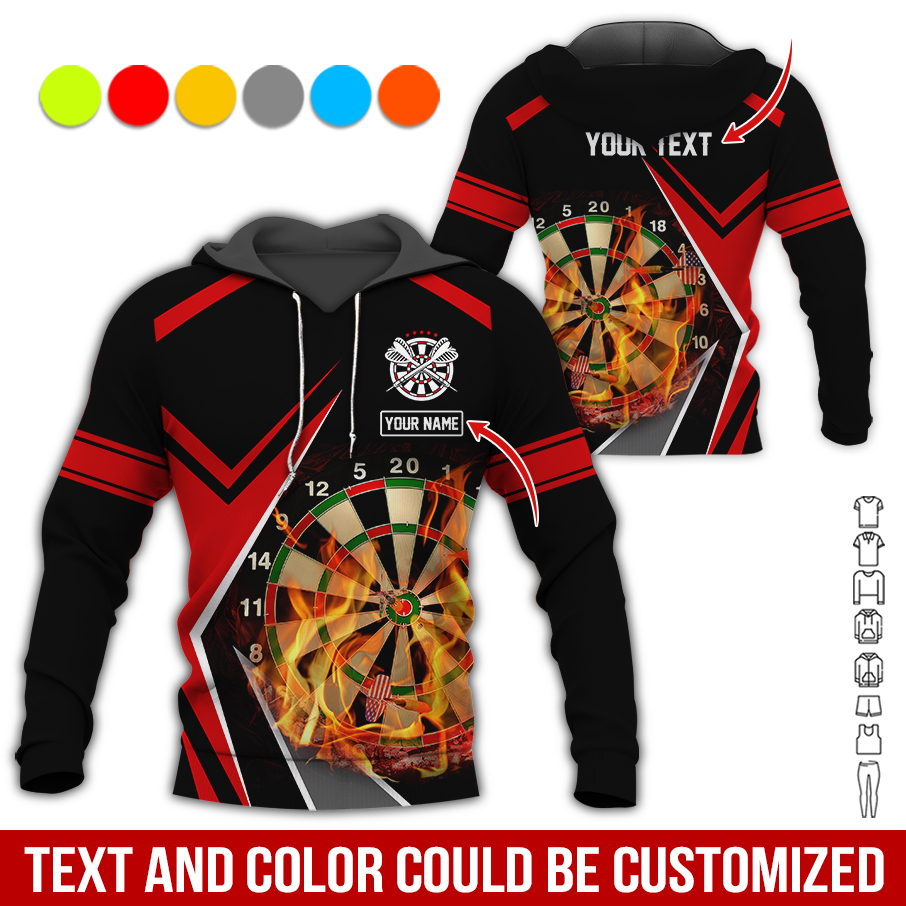 Customized Name & Text Darts Premium Hoodie, Personalized Color Flaming Dartboards Hoodie, Perfect Gift For Darts Lovers, Darts Player