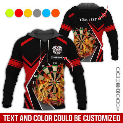 Customized Name & Text Darts Premium Hoodie, Personalized Color Flaming Dartboards Hoodie, Perfect Gift For Darts Lovers, Darts Player