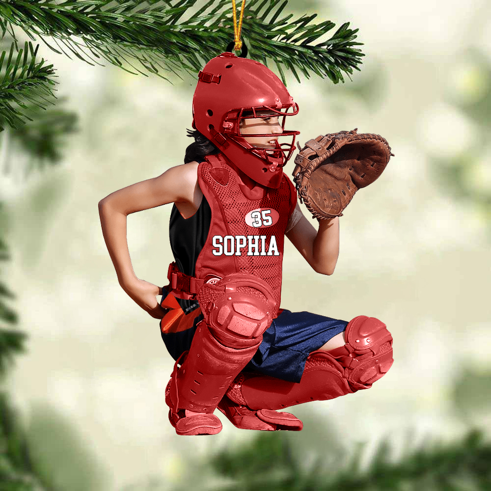 Custom Baseball Acrylic Ornament, Personalized Girls Baseball Player Catcher Christmas Acrylic Ornament For Baseball Lover, Christmas