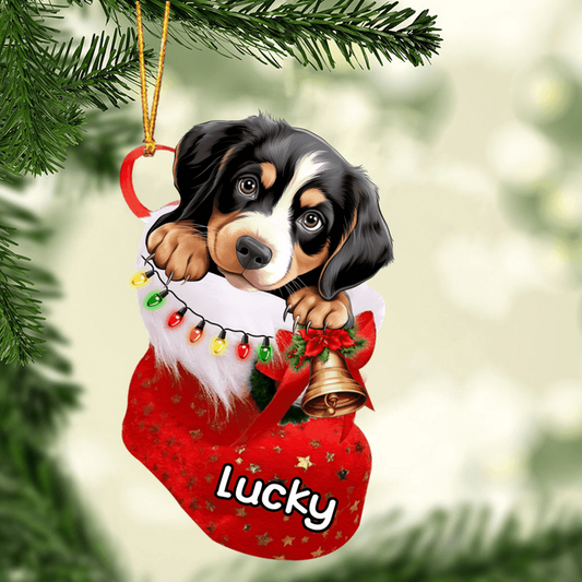 Custom Dog Acrylic Christmas Ornament, Personalized Entlebucher Mountain In Stocking Christmas Acrylic Ornament for Dog Lover, New Year