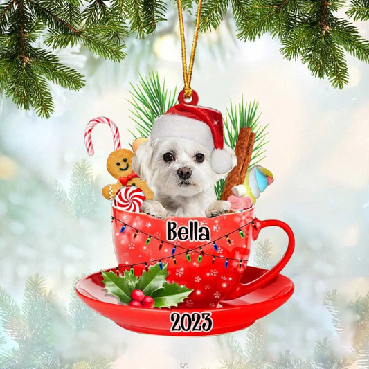 Custom Dog Acrylic Christmas Ornament, Personalized White Maltese In Red Cup Acrylic Ornament for Dog Lover, Christmas, New Year