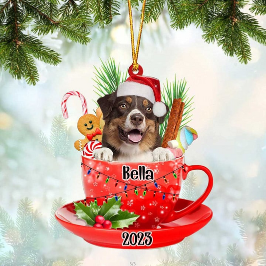 Custom Dog Acrylic Christmas Ornament, Personalized Australian Shepherd In Cup Merry Acrylic Ornament For Dog Lovers, Christmas, New Year