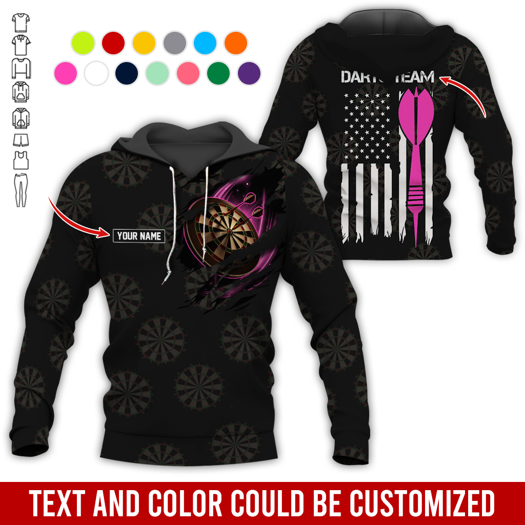 Customized Name & Team Name Darts Premium Hoodie, American Flag & Darts Pattern Black Hoodie, Perfect Gift For Darts Lovers, Friend, Family