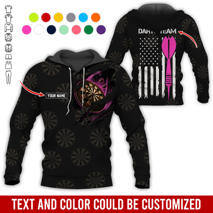 Customized Name & Team Name Darts Premium Hoodie, American Flag & Darts Pattern Black Hoodie, Perfect Gift For Darts Lovers, Friend, Family