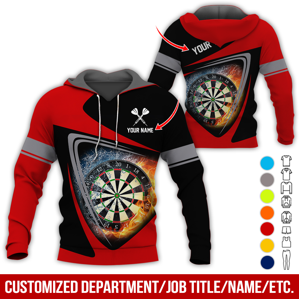 Customized Name & Text Darts Premium Hoodie, Fire & Water Dartboards Pattern Hoodie, Perfect Gift For Darts Lovers, Darts Player