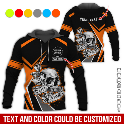 Personalized Darts Skull Premium Hoodie ,Customized Name Text & Logo In Darts We Trust Hoodie, Perfect Gift For Darts Lovers, Darts Player