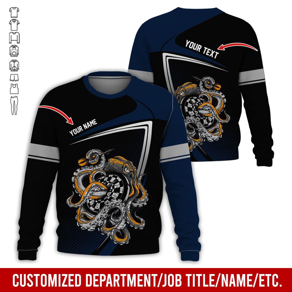 Customized Name & Text Darts Sweatshirt, Octopus & Dartboard Pattern Darts Shirts For Men & Women - Gift For Darts Lovers, Friend, Family