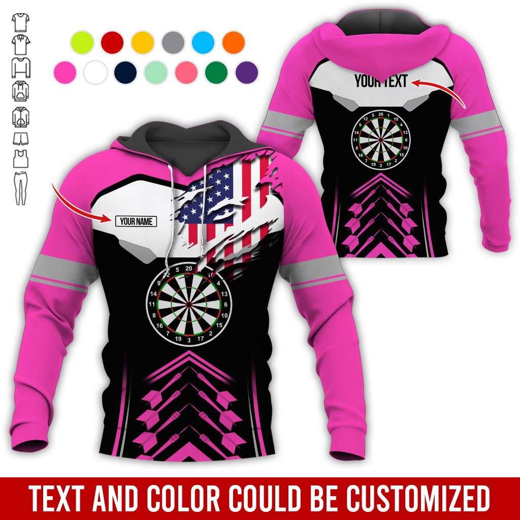 Personalized American Flag Darts Premium Hoodie, Customized Name & Text Darts Black & White Hoodie, Perfect Gift For Darts Lovers, Darts Player
