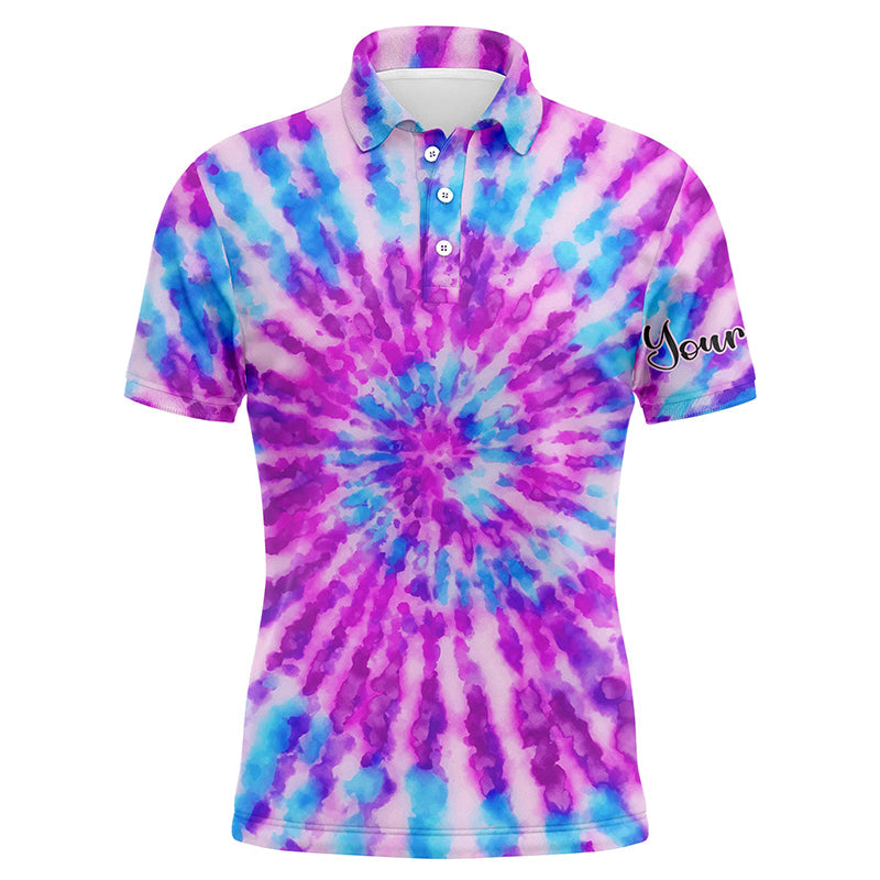 Custom Golf Long Sleeve Men Polo Shirt-Watercolor Purple Tie Dye Pattern Custom Name Apparel Men Golf Polo Shirt- Personalized Gift For Men,Golf Lover
