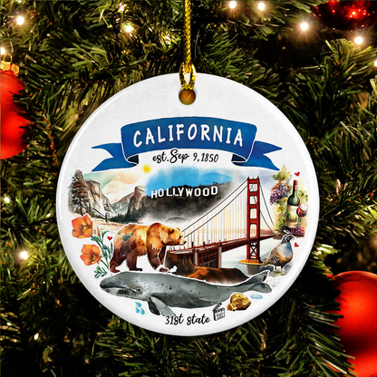 California State Ceramic Christmas Ornament - California State Themes And Landmarks Circle Ceramic Ornament, Perfect Gift For Christmas