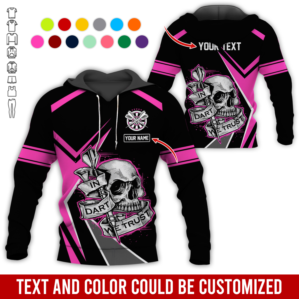 Customized Name & Text Darts Skull Premium Hoodie, In Darts We Trust Skull Pattern Colorful Hoodie, Perfect Gift For Darts Lovers, Friend, Family