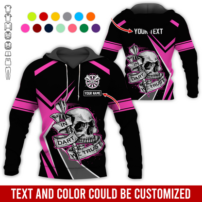 Customized Name & Text Darts Skull Premium Hoodie, In Darts We Trust Skull Pattern Colorful Hoodie, Perfect Gift For Darts Lovers, Friend, Family