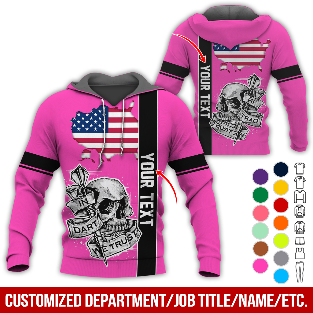 Customized Name & Text Darts Skull Premium Hoodie, In Darts We Trust Skull & American Map Pattern Hoodie, Perfect Gift For Darts Lovers, Friend, Family
