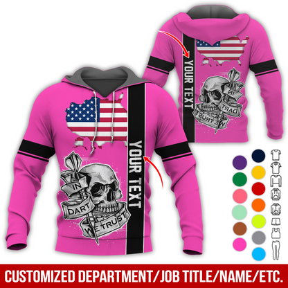 Customized Name & Text Darts Skull Premium Hoodie, In Darts We Trust Skull & American Map Pattern Hoodie, Perfect Gift For Darts Lovers, Friend, Family