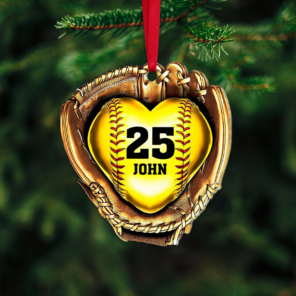 Custom Baseball Acrylic Ornament, Personalized Baseball Gloves Golden Heart Acrylic Ornament - Perfect Gift For Baseball Lover, Christmas, New Year