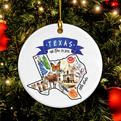 Artistic Texas Ceramic Christmas Ornament - Artistic Texas State Landmarks Circle Ceramic Ornament, Gift For Christmas, Holiday Decor