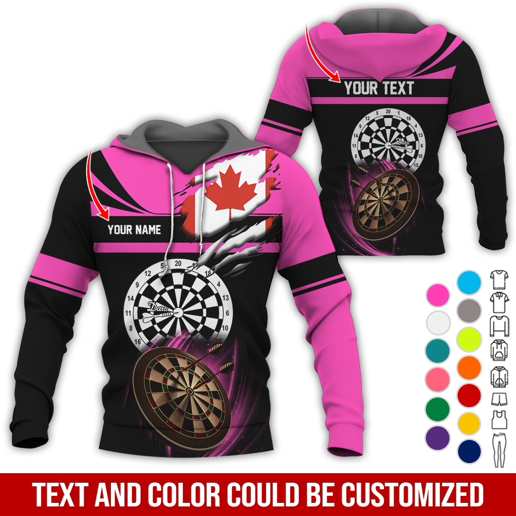 Customized Name & Text Darts Premium Hoodie, Canada Flag Pattern Darts Hoodie, Perfect Gift For Darts Lovers, Friend, Family