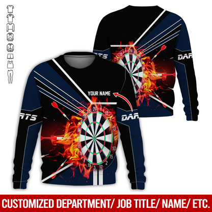Customized Darts Sweatshirt, Personalized Name Darts Sweatshirt, Flaming Darts Pattern Sweatshirt, Perfect Gift For Darts Lovers, Darts Player