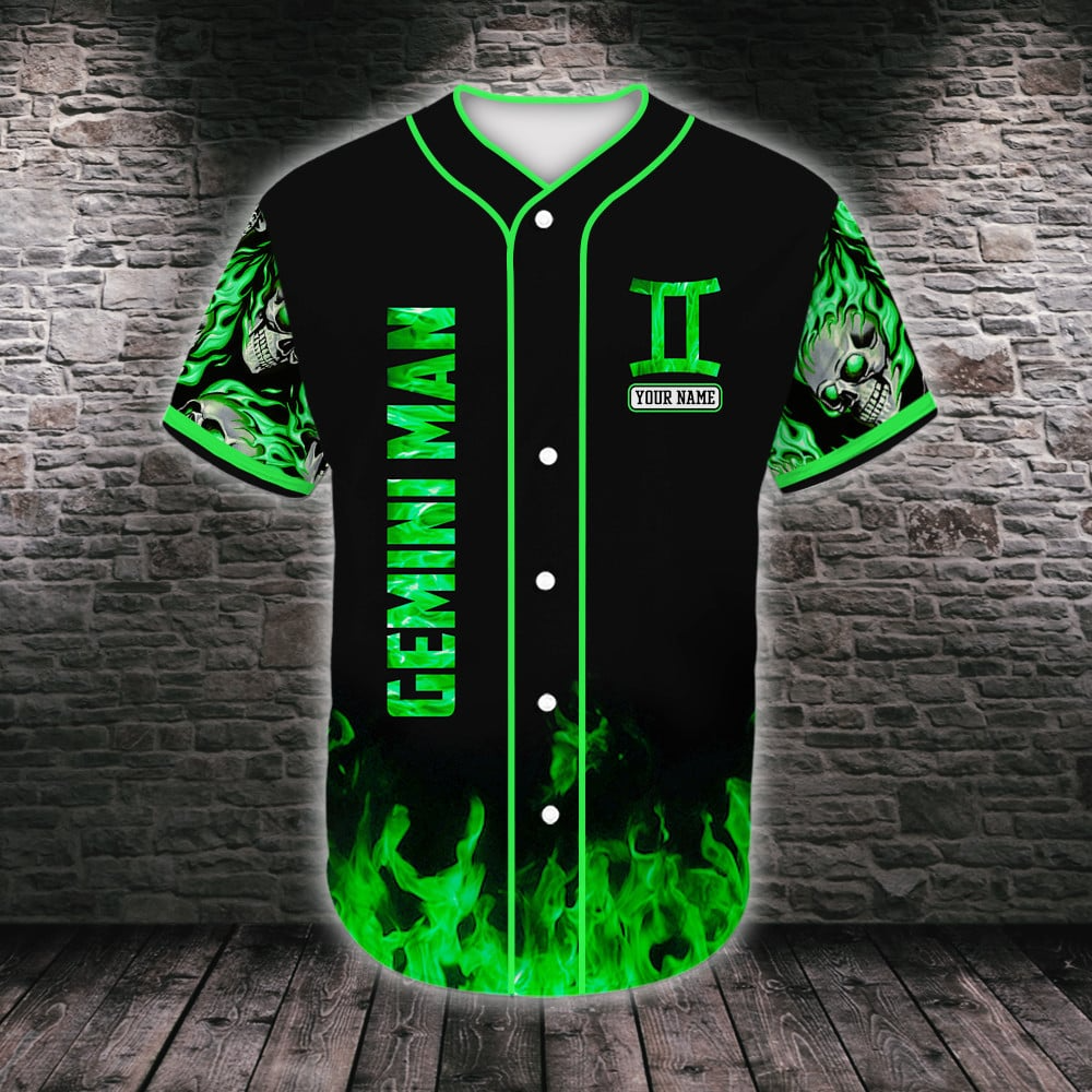 Customized Skull Baseball Jersey Shirt - Personalized Custom Name Gemini Skull Flame Baseball Jersey Shirt For Baseball Lover