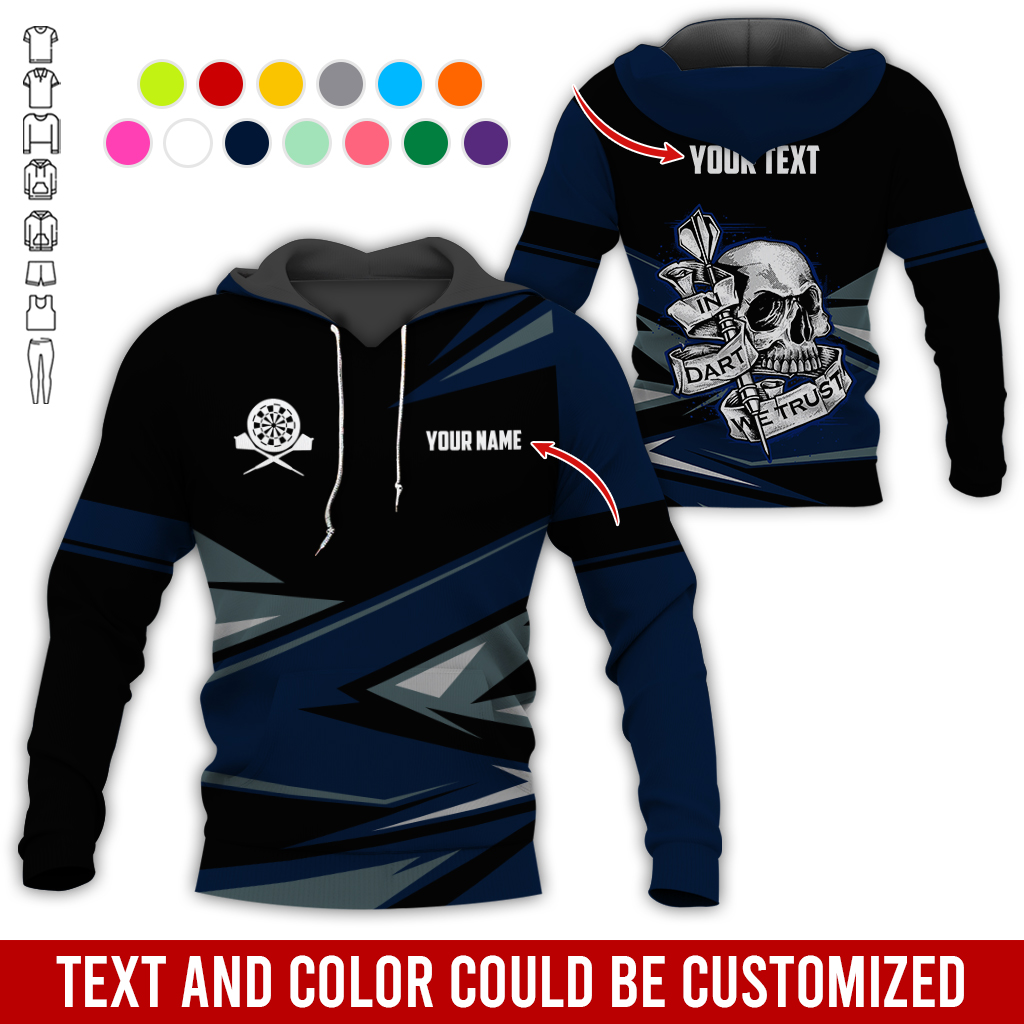 Customized Name & Text Darts Skull Premium Hoodie, In Darts We Trust Hoodie For Men & Women, Perfect Gift For Darts Lovers, Friend, Family