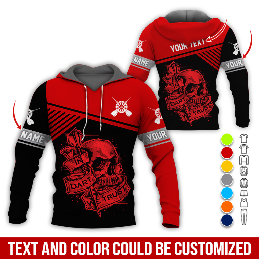 Customized Name & Text Darts Skull Premium Hoodie, In Darts We Trust Skull Pattern Hoodie, Perfect Gift For Darts Lovers, Darts Player