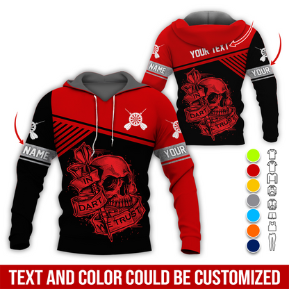 Customized Name & Text Darts Skull Premium Hoodie, In Darts We Trust Skull Pattern Hoodie, Perfect Gift For Darts Lovers, Darts Player