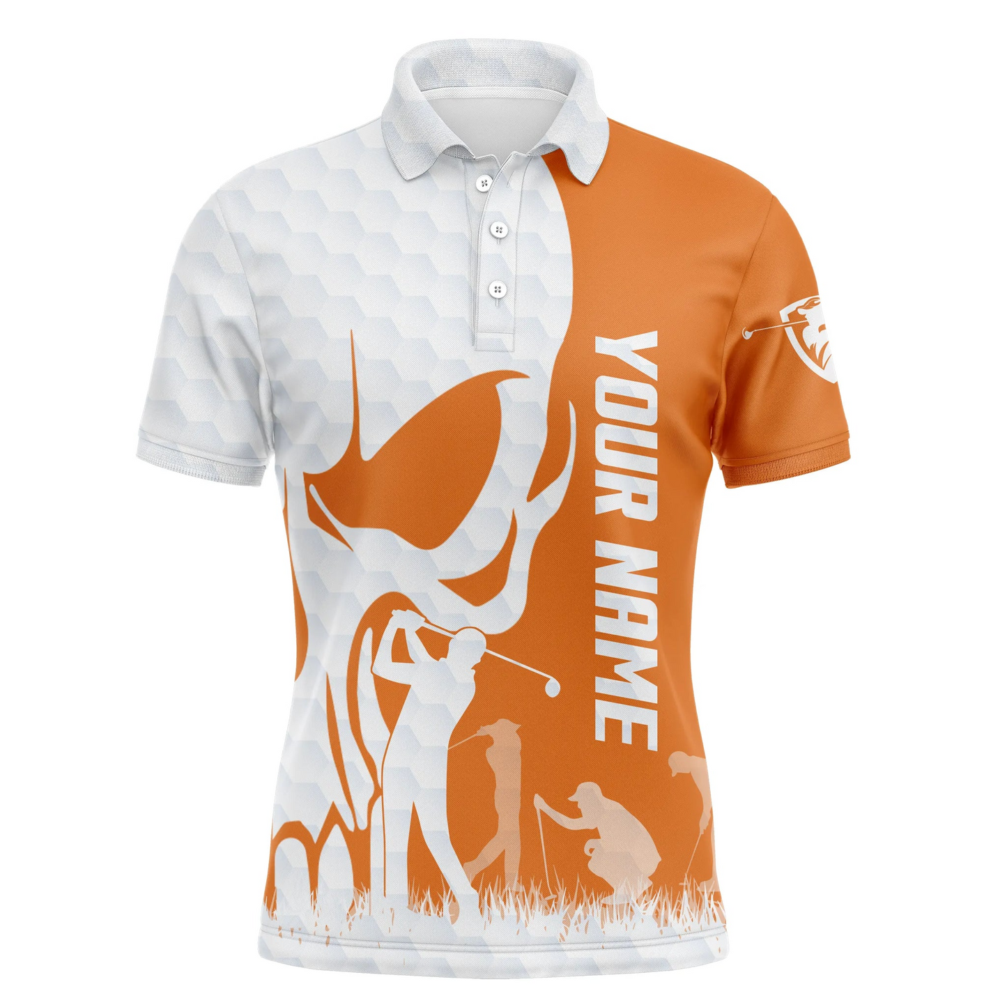 Custom Golf Long Sleeve Men Polo Shirt - Custom Name  Skull White Golf Ball, Orange Apparel - Personalized Gift For Men, Golf Lover