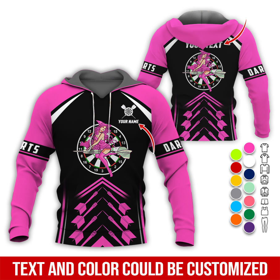 Personalized Name & Text Darts Premium Hoodie, Witch Riding Broom & Darts Hoodie, Perfect Gift For Darts Lovers, Friend, Family