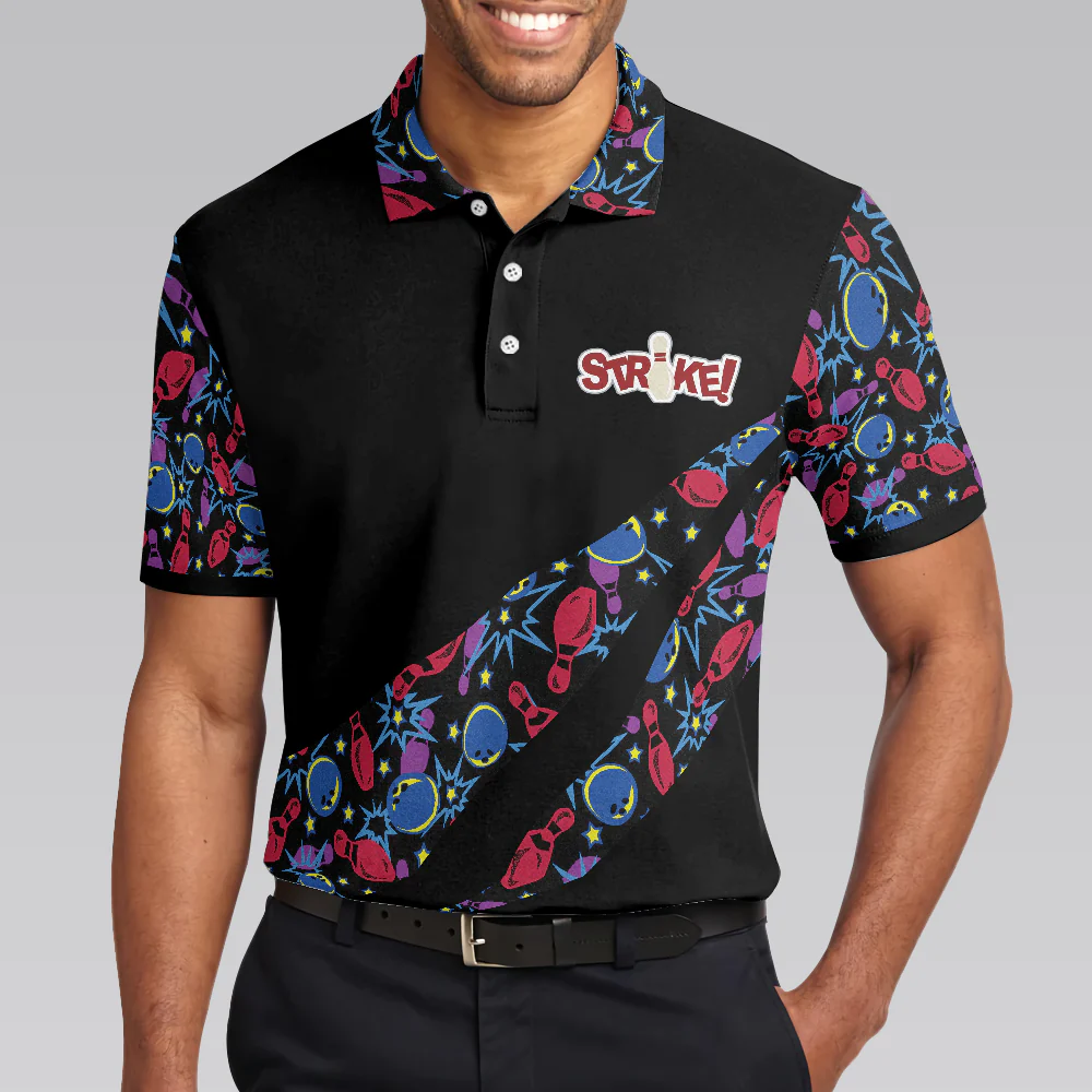 Bowling Men Polo Shirt - Split Happen Polo Shirt, Bowling Ball & Pin Seamless Pattern Bowling Polo Shirt - Gift For Friend, Family, Bowling Lovers