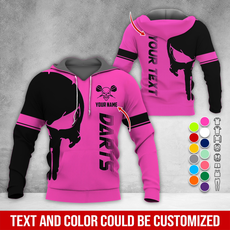 Customized Name & Text Darts Skull Premium Hoodie, Skull & Darts Pattern Hoodie, Perfect Gift For Darts Lovers, Friend, Family