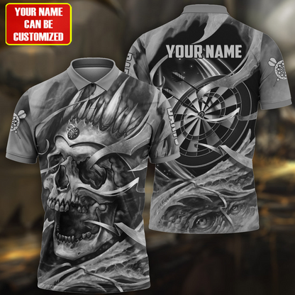 Customized Darts Men Polo Shirt, Personalized Name Multicolor Teal Skull Darts Polo Shirt For Men - Gift For Darts Players, Darts Lovers