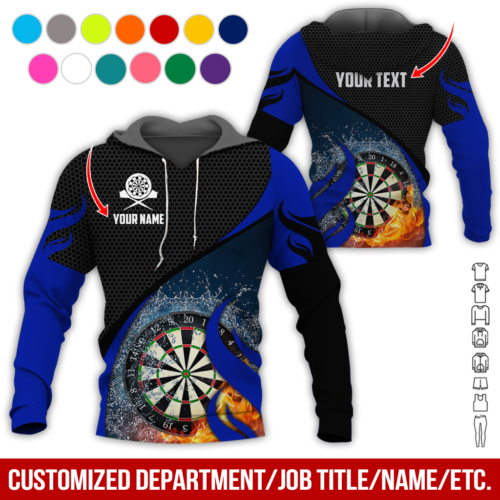Personalized Fire & Water Darts Premium Hoodie, Customized Name & Text Darts Hoodie, Honeycomb Pattern Hoodie, Perfect Gift For Darts Lovers, Darts Player