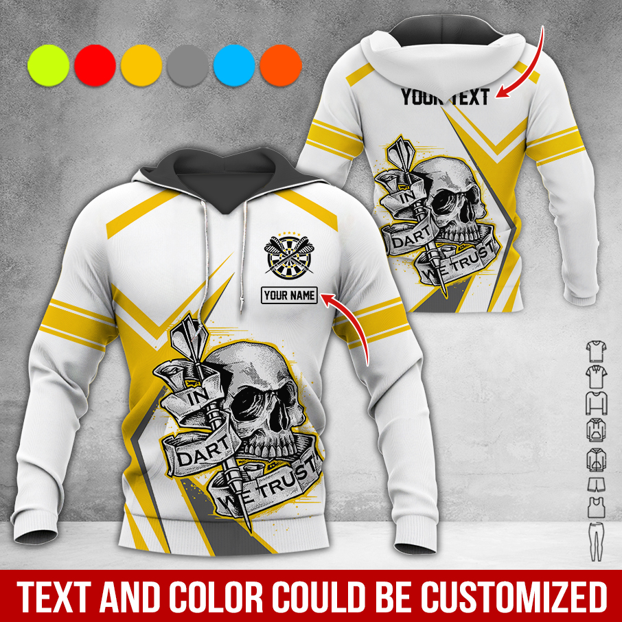 Customized Name & Text Darts Skull Premium Hoodie, In Darts We Trust White Hoodie For Men & Woman, Perfect Gift For Darts Lovers, Darts Player
