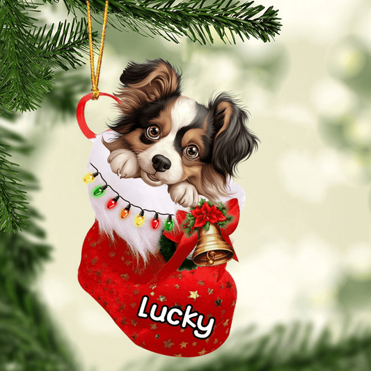 Custom Dog Acrylic Christmas Ornament, Personalized Papillon In Stocking Christmas Acrylic Ornament for Dog Lover, New Year