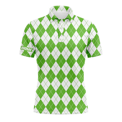 Custom Golf Long Sleeve Men Polo Shirt - Christmas Plaid Green And White Argyle Pattern Custom Name Polo Shirt For men, Golf Lover