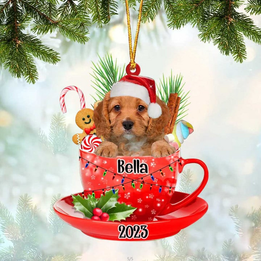 Custom Dog Acrylic Christmas Ornament, Personalized Cavapoo & Santa Hat In Red Cup Christmas Acrylic Ornament for Dog Lover, New Year