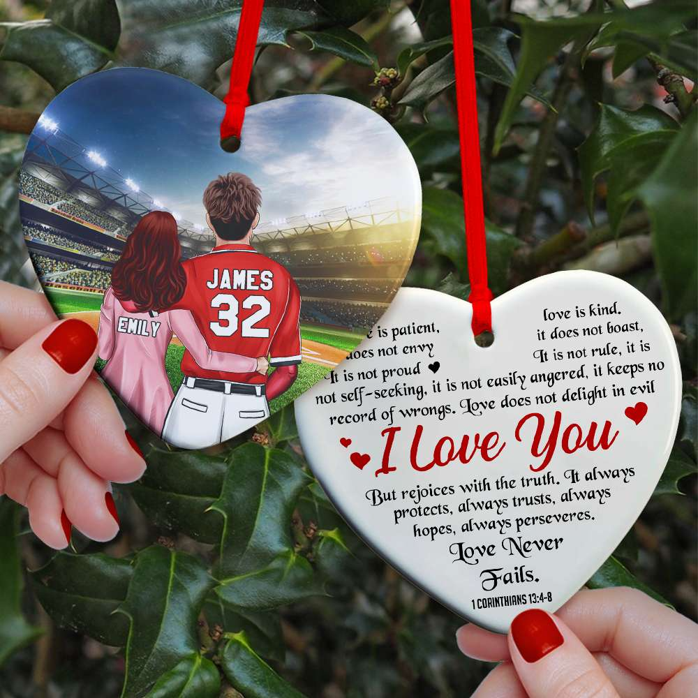 Custom Baseball Ceramic Ornament, Baseball Couple Love Never Fails Heart Ceramic Ornament - Perfect Gift For Couple, Baseball Lover, Christmas, New Year
