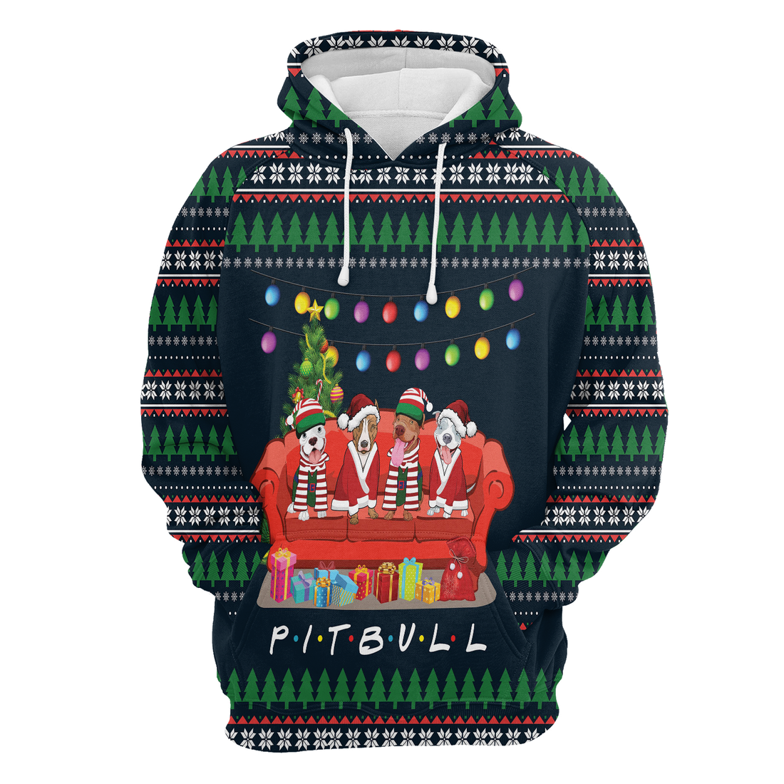 Pit Bull Xmas Premium Christmas Hoodie, Pit Bull Friends On Red Sofa Unisex Hoodie For Men & Women - Perfect Gift For Christmas, Pit Bull Lovers