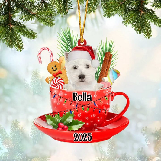 Custom Dog Acrylic Christmas Ornament, Personalized West Highland White Terrier & Santa Hat In Red Cup Acrylic Ornament for Dog Lover