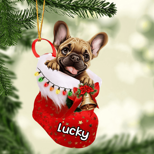 Custom Dog Acrylic Christmas Ornament, Personalized French Bulldog In Stocking Christmas Acrylic Ornament for Dog Lover, New Year