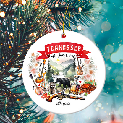 Tennessee State Ceramic Christmas Ornament - Tennessee State Themes And Landmarks Circle Ceramic Ornament, Perfect Gift For Christmas
