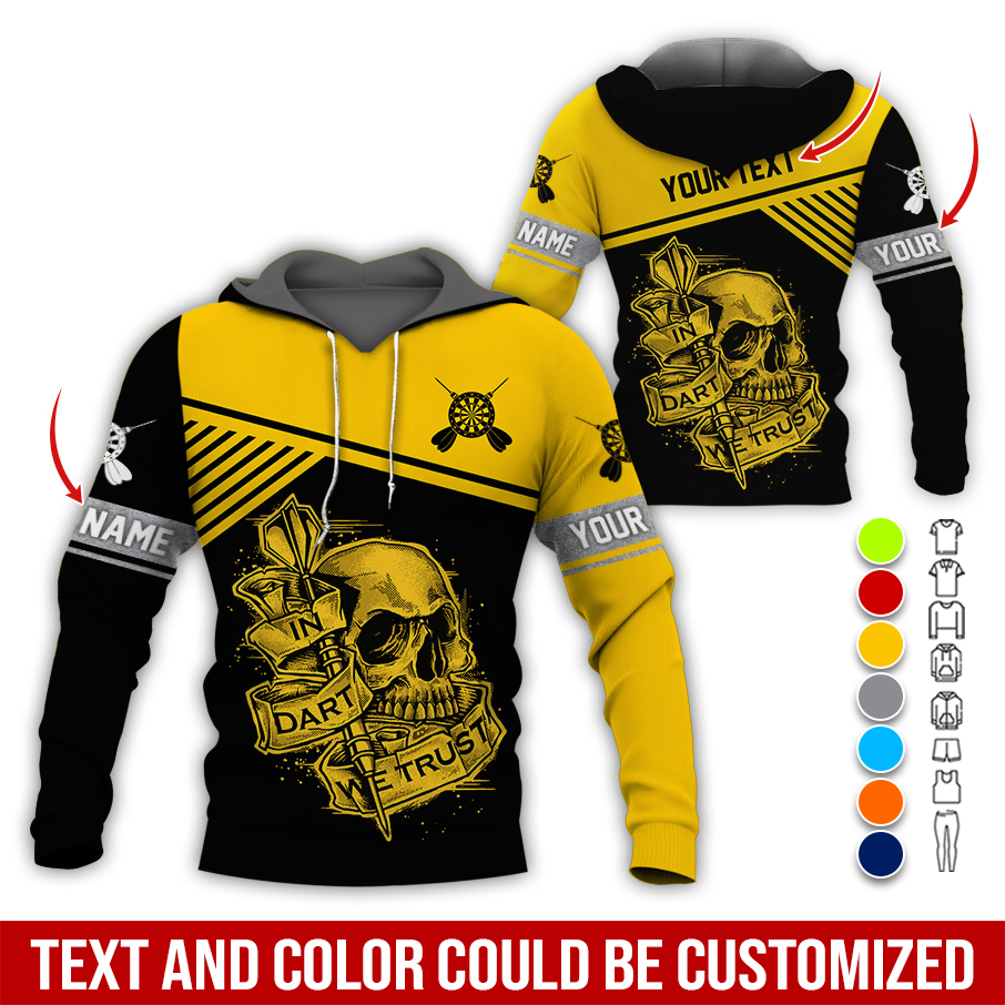 Customized Name & Text Darts Skull Premium Hoodie, In Darts We Trust Skull Pattern Hoodie, Perfect Gift For Darts Lovers, Darts Player