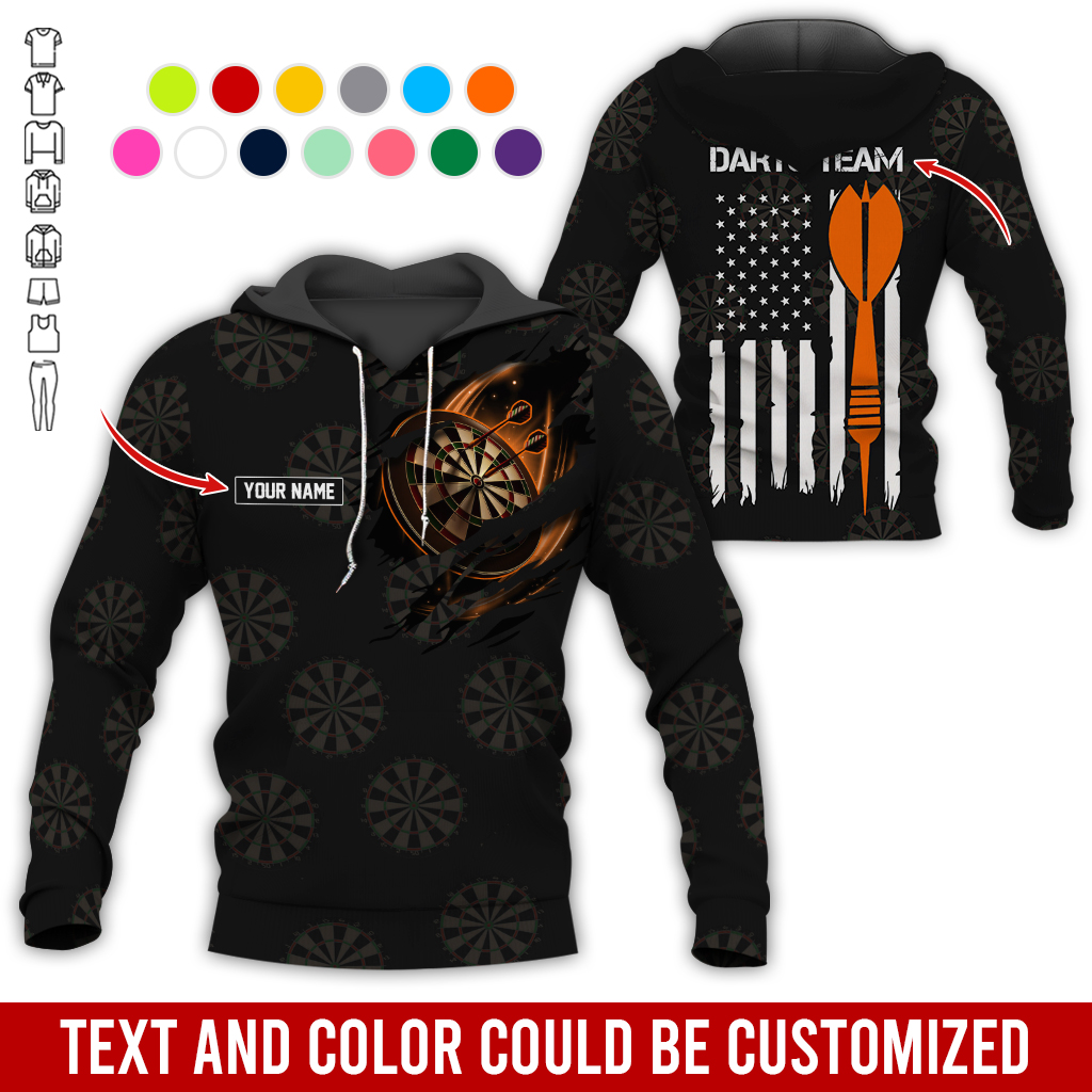 Customized Name & Team Name Darts Premium Hoodie, American Flag & Darts Pattern Black Hoodie, Perfect Gift For Darts Lovers, Friend, Family