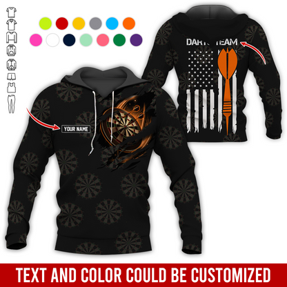 Customized Name & Team Name Darts Premium Hoodie, American Flag & Darts Pattern Black Hoodie, Perfect Gift For Darts Lovers, Friend, Family