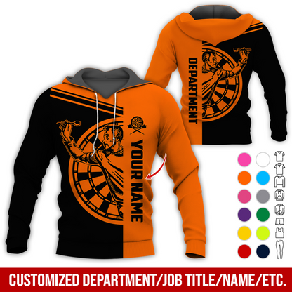 Customized Name & Department Darts Premium Hoodie, Man Playing Darts Pattern Black Hoodie, Perfect Gift For Darts Lovers, Friend, Family